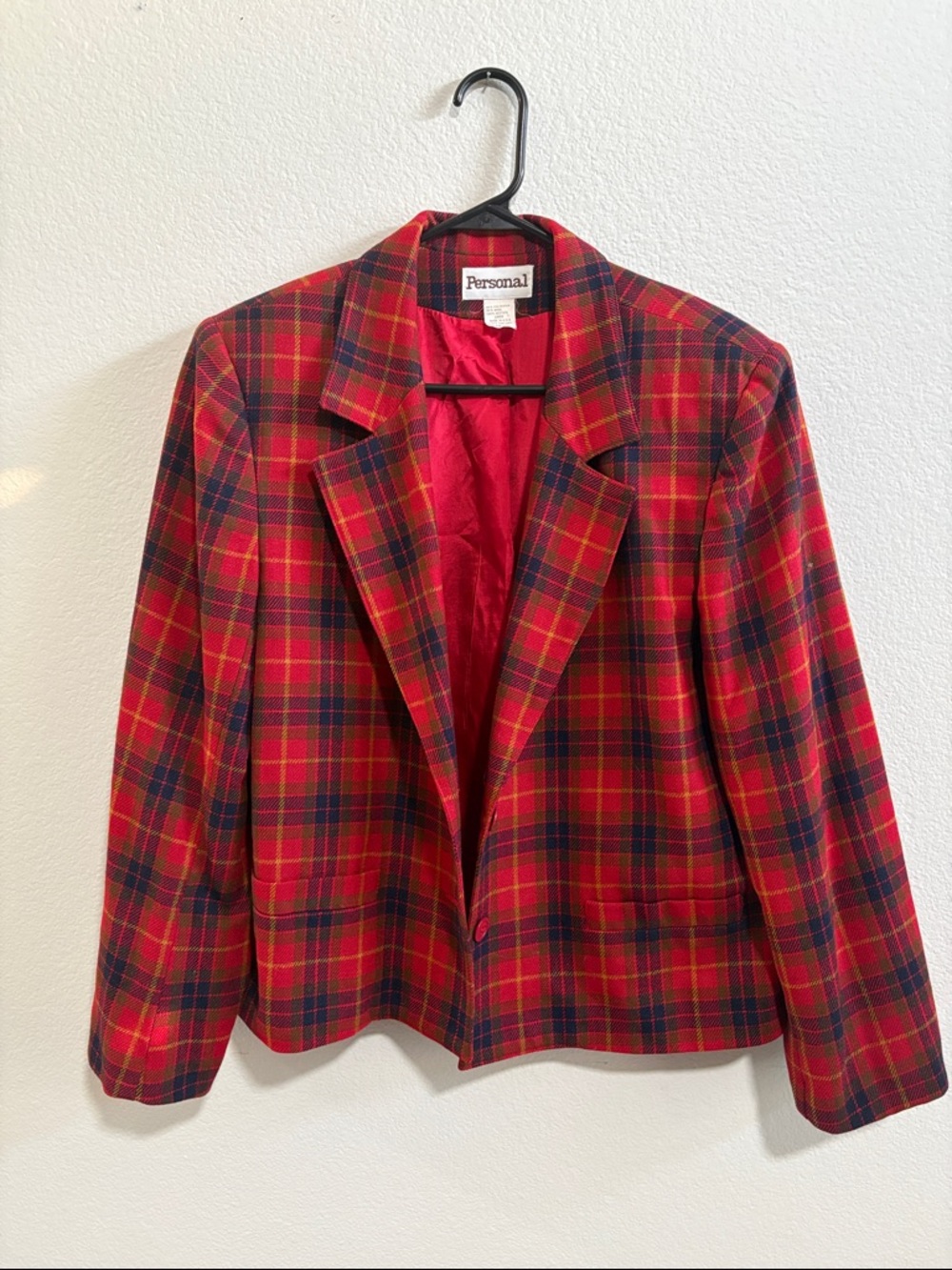 Vintage Persona Red Plaid Blazer with Navy & Yellow Accents